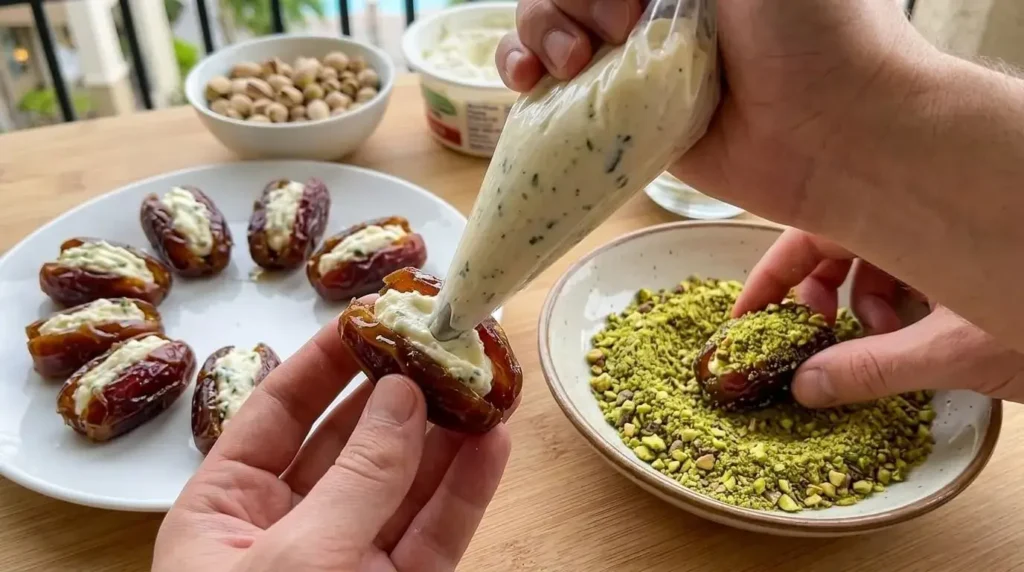 Piping smooth ricotta cheese filling into open Medjool dates and rolling in pistachios.