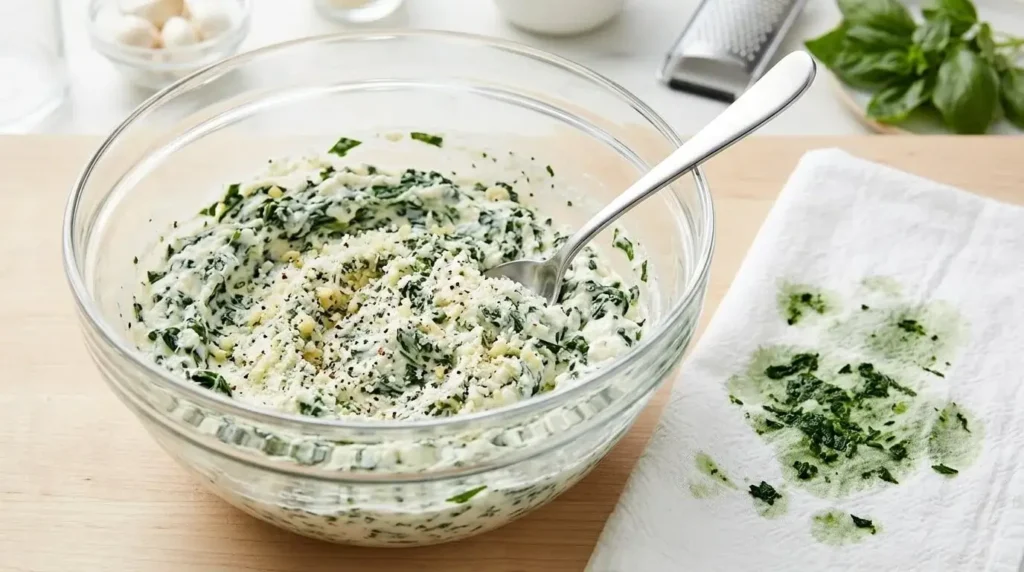 A glass bowl filled with a well-mixed blend of white ricotta cheese, thoroughly squeezed chopped spinach, egg, and garlic for filling eggplant rollatini.