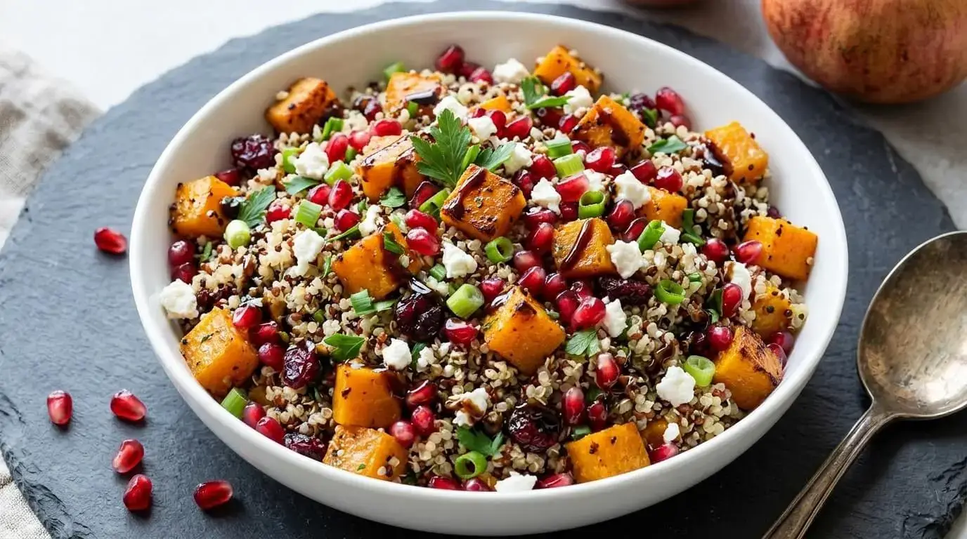 A vibrant bowl of Roasted Butternut Squash Quinoa Salad with caramelized squash, feta, and pomegranate seeds on a dark rustic background.