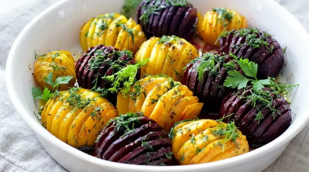 A white baking dish filled with roasted red and golden Hasselback beets topped with fresh green chopped dill and parsley.