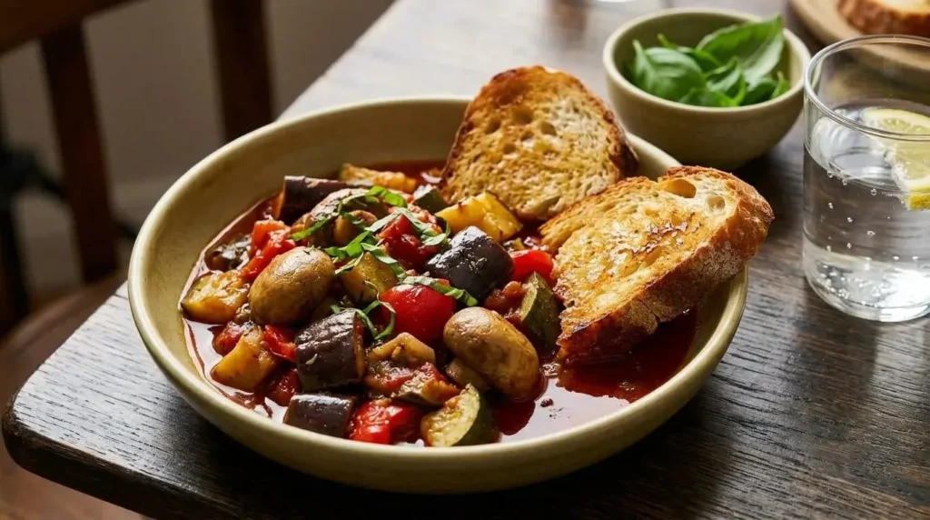 A portion of oven roasted ratatouille served in a ceramic bowl alongside thick slices of toasted crusty sourdough bread.