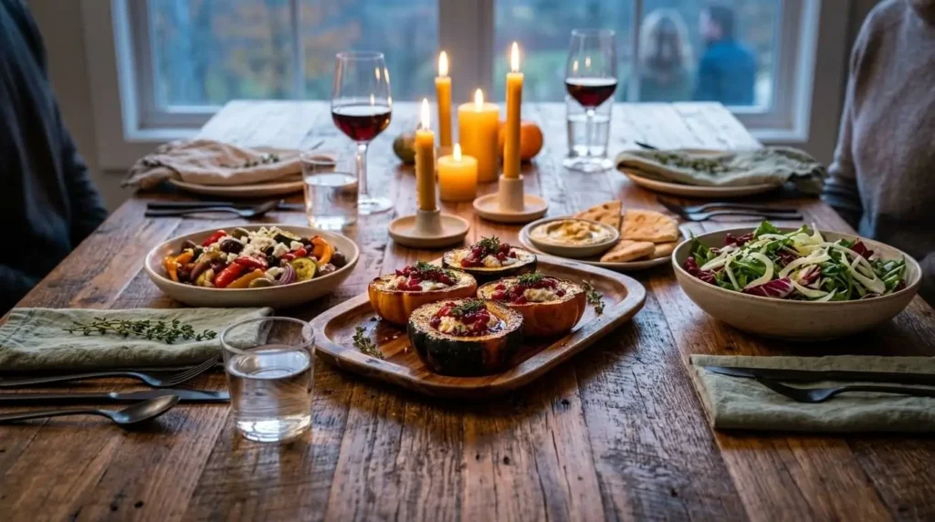 A festive holiday dinner tablescape featuring a platter of roasted acorn squash side dish surrounded by Mediterranean dinner plates.