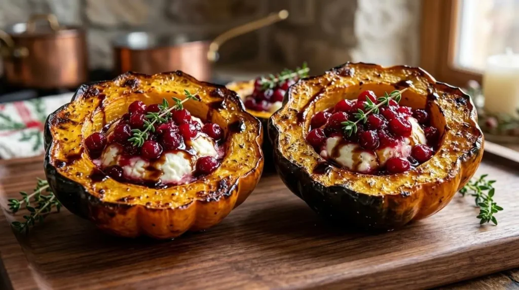 Roasted acorn squash halves cut horizontally, stuffed with melting goat cheese, whole cranberry compote, balsamic glaze, and fresh thyme on a wooden platter.