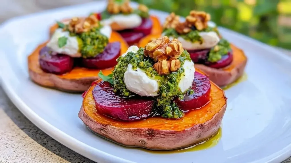 Close-up of Roasted Sweet Potato Rounds with Burrata, Beets, and Walnut pesto garnish on a white plate.