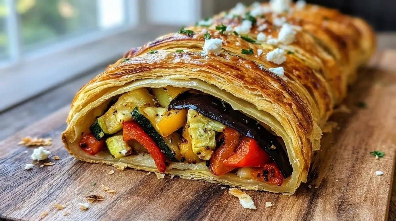 A close-up shot of a golden-brown, braided Mediterranean roasted vegetable puff pastry strudel sliced open to reveal zucchini, eggplant, bell peppers, and feta cheese on a wooden board.