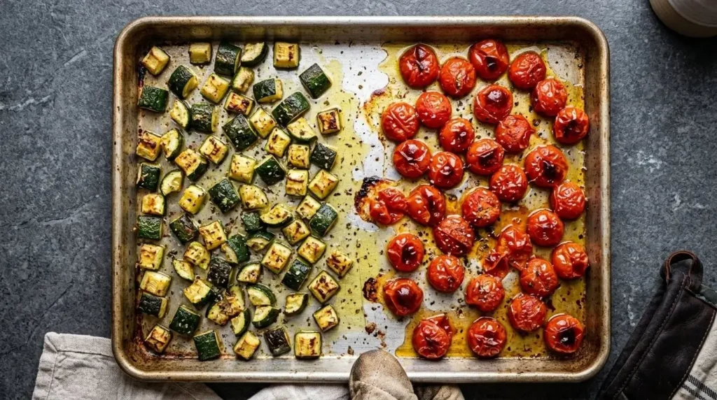 Freshly roasted zucchini pieces and blistered cherry tomatoes on a baking sheet for pasta salad.