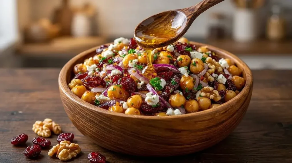 A rich Mediterranean Cranberry Walnut Chickpea Salad inside a rustic wooden bowl with a wooden spoon drizzling a golden vinaigrette over chickpeas, feta, and cranberries.
