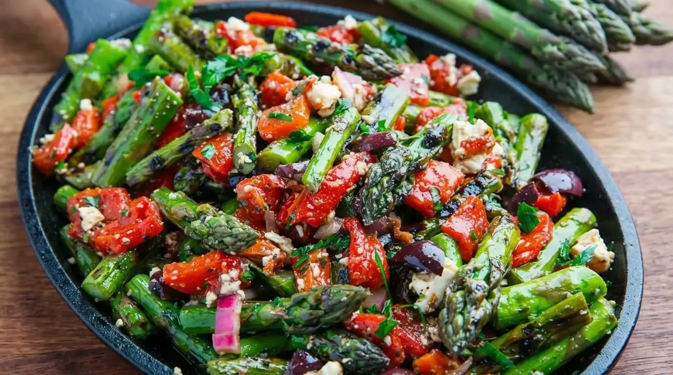 Grilled Asparagus Salad with Red Peppers, Olives and Feta served hot in a rustic black cast-iron skillet.