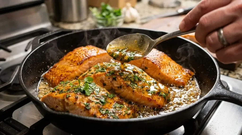 A close-up shot of a chef basting a pan-seared salmon fillet with a bubbling honey garlic glaze inside a cast-iron skillet.
