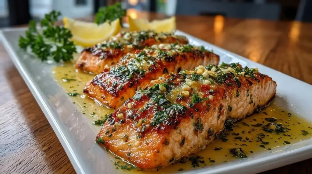 A close-up shot of three crispy Pan-Seared Lemon Garlic Butter Salmon fillets on a white serving platter, garnished with fresh parsley and lemon wedges.