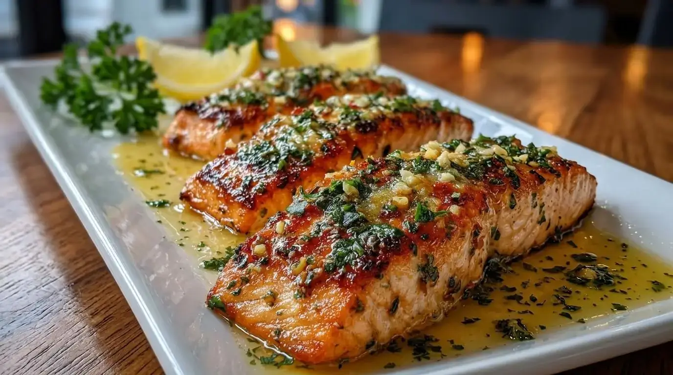 A close-up shot of three crispy Pan-Seared Lemon Garlic Butter Salmon fillets on a white serving platter, garnished with fresh parsley and lemon wedges.