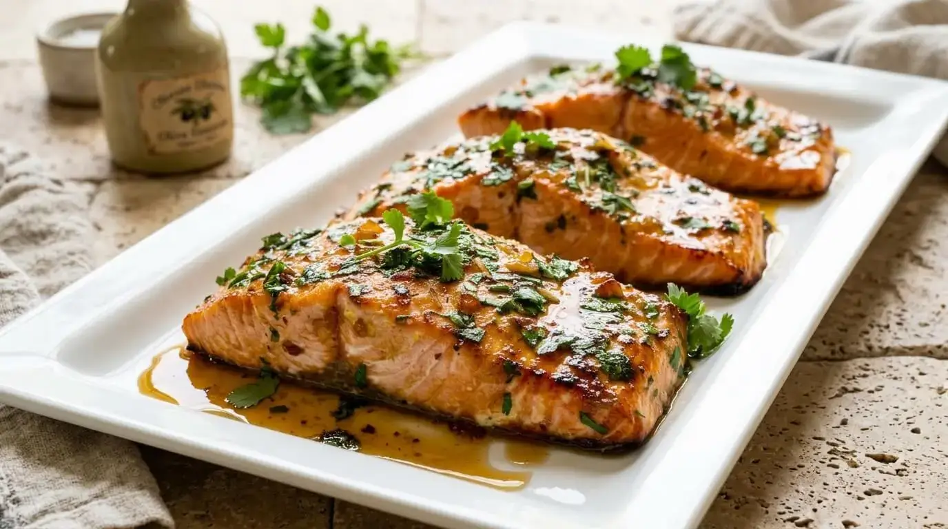 A high-end food photo of Honey Garlic Glazed Salmon with Fresh Herbs on a white serving platter, showing a glossy amber glaze and chopped green herbs.
