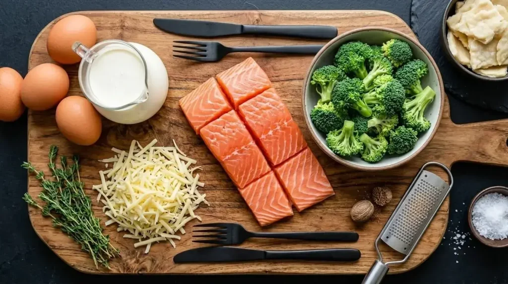 Raw ingredients for a healthy salmon quiche arranged neatly on a wooden board, including salmon chunks, broccoli florets, eggs, cream, and cheese.