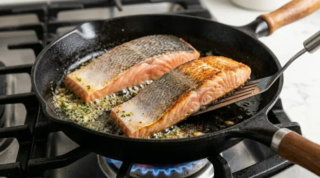 Salmon fillets searing flesh-side down in a hot cast iron skillet with bubbling olive oil and butter to create a crispy crust.