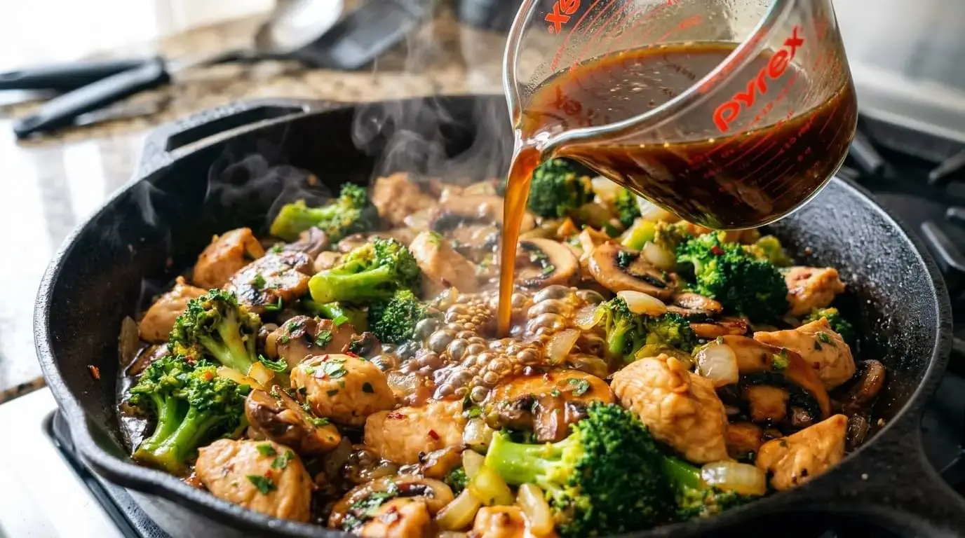 Thick savory brown sauce being poured over chicken, broccoli, and mushrooms in a hot skillet to create a glossy glaze.
