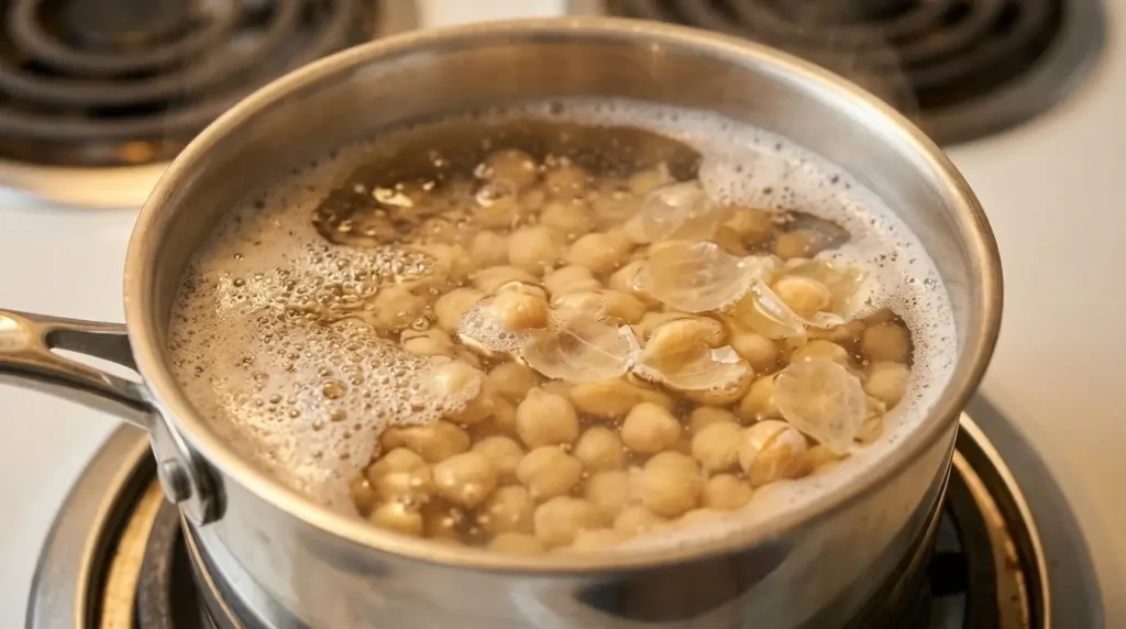 Simmering canned chickpeas with baking soda in a small pot to soften the skins for a smooth dip.