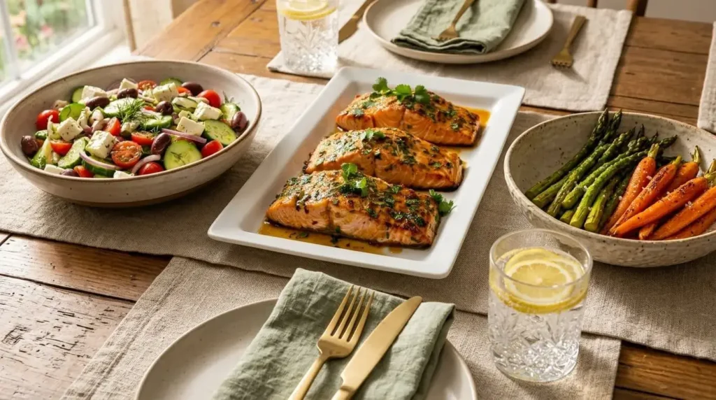 A beautifully styled dinner table spread featuring honey garlic salmon, a fresh cucumber feta salad, and roasted vegetables.