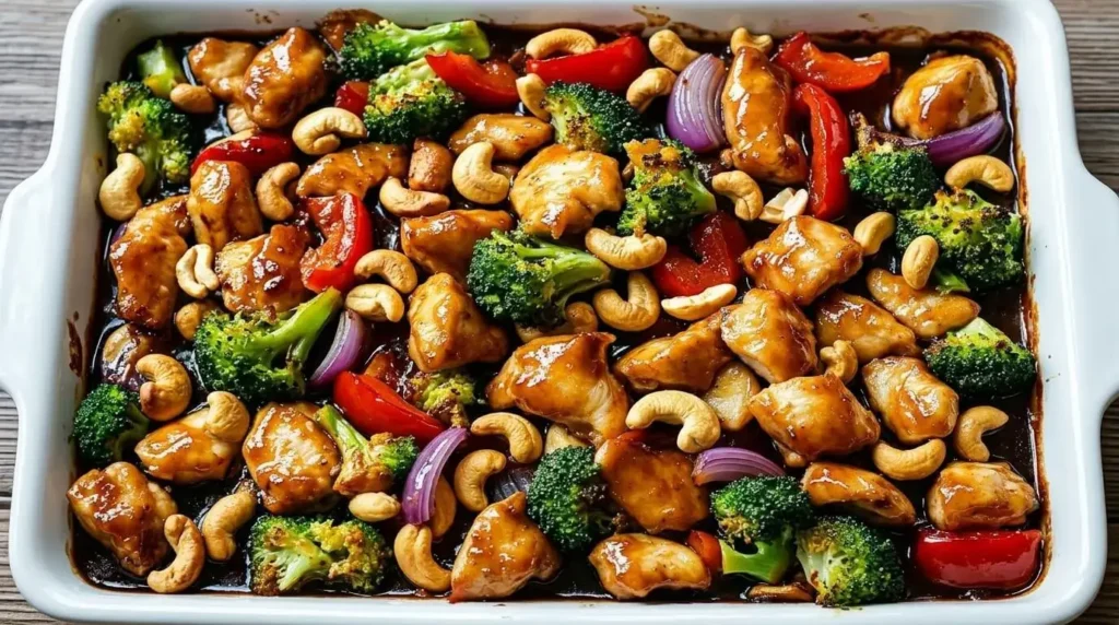 Glistening baked sheet pan cashew chicken with a sticky caramelized sauce, crisp-tender broccoli, red bell peppers, purple onions, and toasted whole cashews.