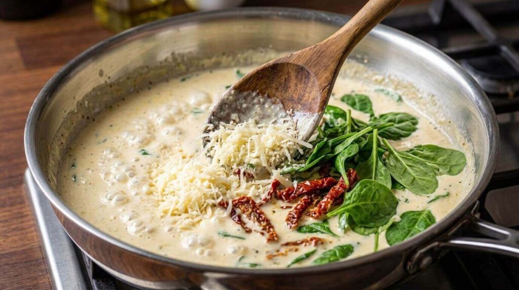 Simmering heavy cream, Parmesan cheese, spinach, and sun-dried tomatoes in a skillet to build a Tuscan sauce.