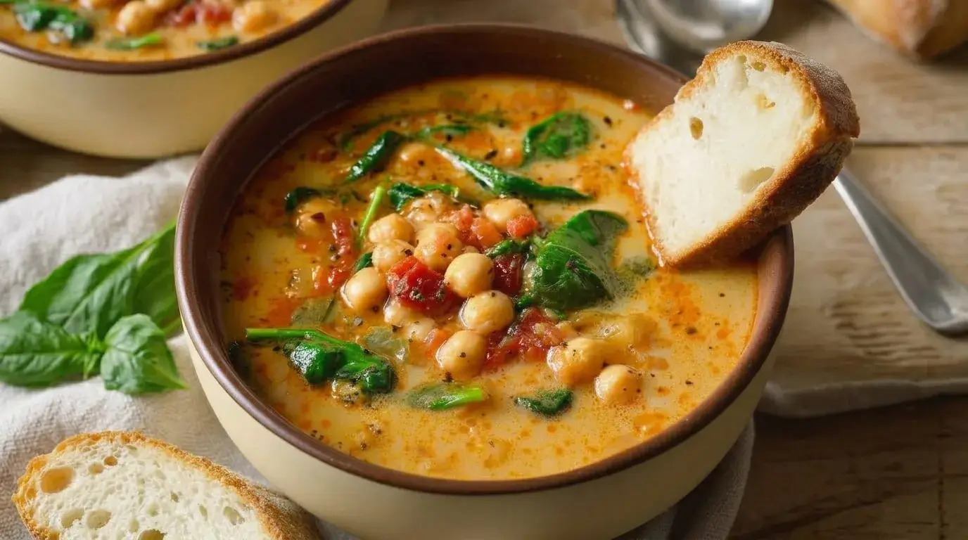 A cozy bowl of creamy Tuscan Chickpea and Spinach Soup served with a slice of rustic artisan bread on a wooden table.