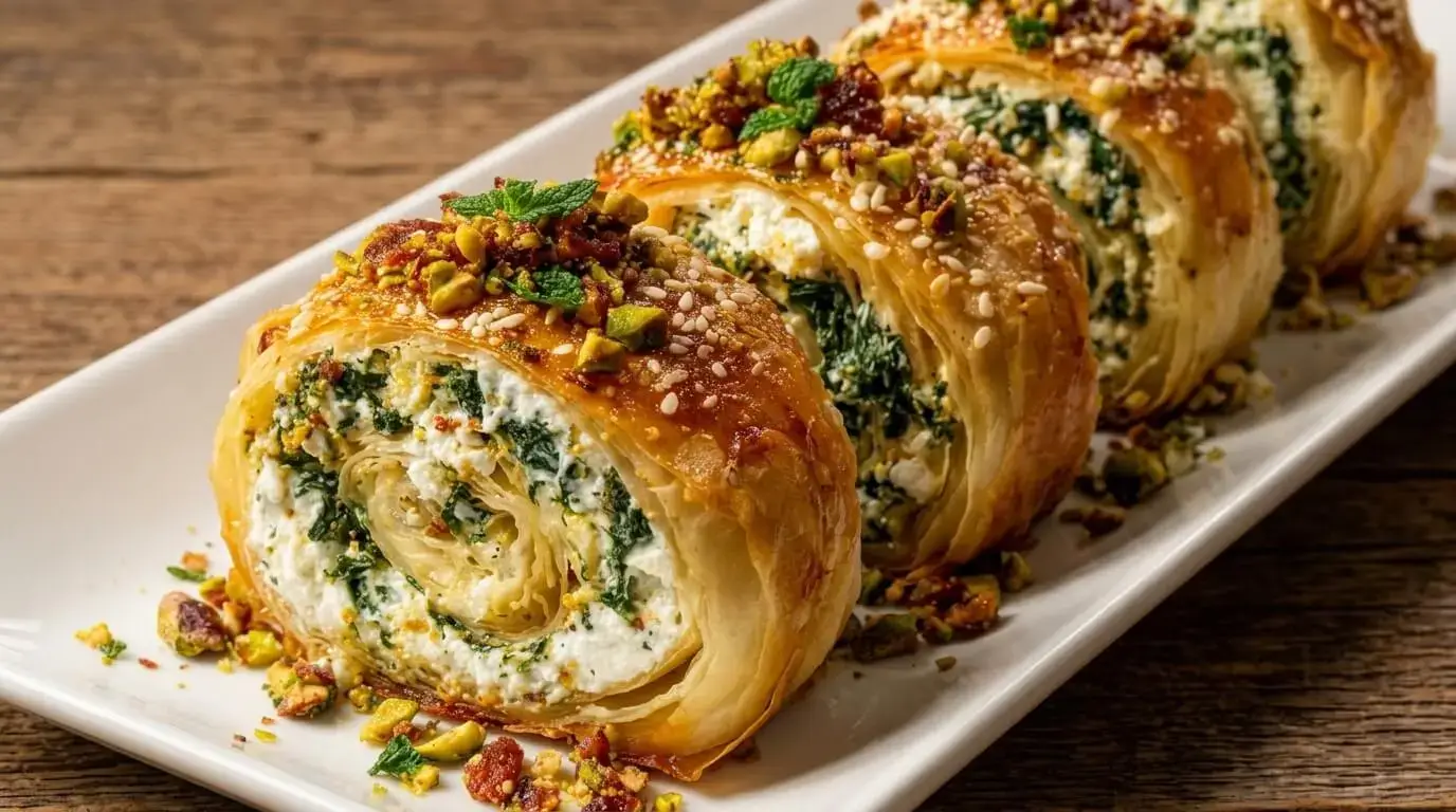 Close-up of sliced rounds of Mediterranean Pistachio-Feta Spanakopita Roulade showing a spiral spinach-feta center and a crispy golden phyllo crust topped with pistachios, sesame seeds, and mint.