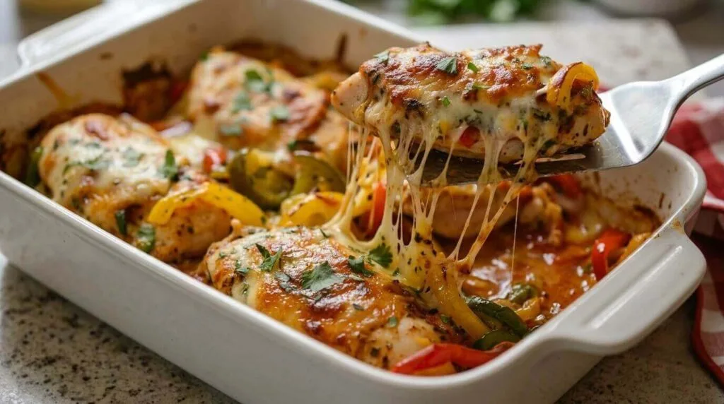 A spatula lifting a portion of cheesy chicken fajita casserole showing a long cheese pull.