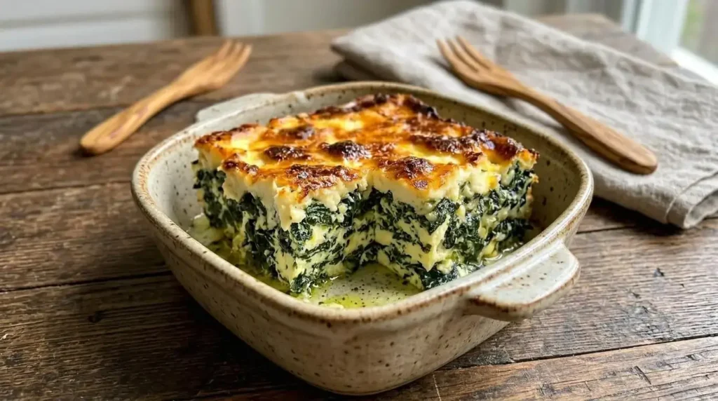 Golden Spinach Ricotta Bake made with eggs, spinach, ricotta, and mozzarella in a rustic baking dish.