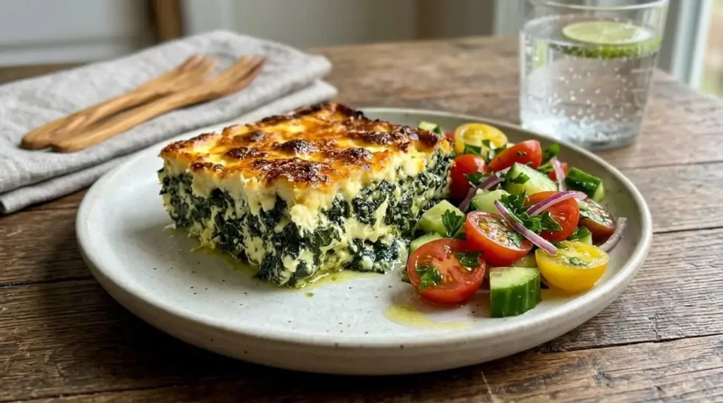 A single slice of low carb spinach ricotta bake served on a plate alongside a fresh cucumber tomato salad.