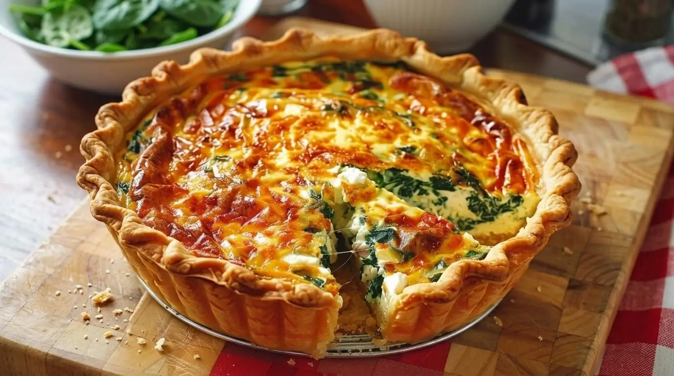 A whole golden-brown Spinach and Ricotta Quiche in a fluted tart pan with one slice pulled out showing the creamy interior and spinach ribbons.