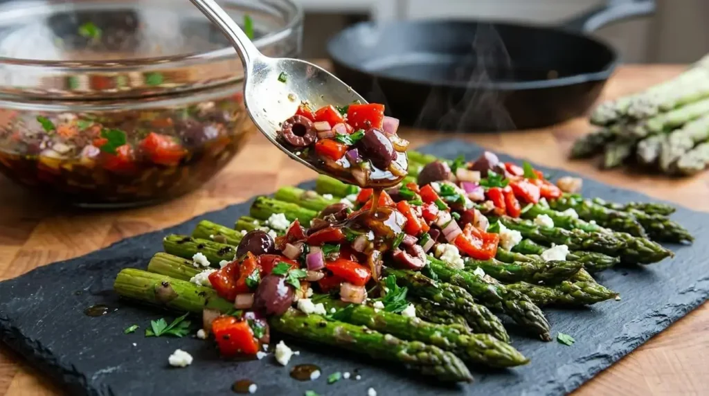 Spooning a mixture of marinated roasted red peppers, red onions, and Kalamata olives over grilled asparagus.