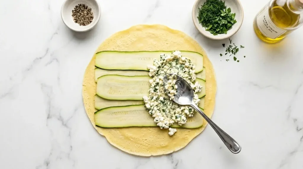 Step-by-step assembly of a low carb zucchini roll up showing a crepini wrap layered with thin zucchini ribbons and an herbed cottage cheese filling.