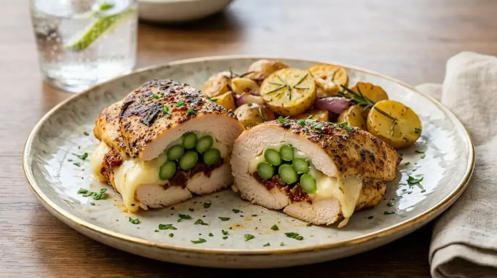 A sliced portion of stuffed chicken breast with asparagus and mozzarella served on a plate with roasted potatoes.