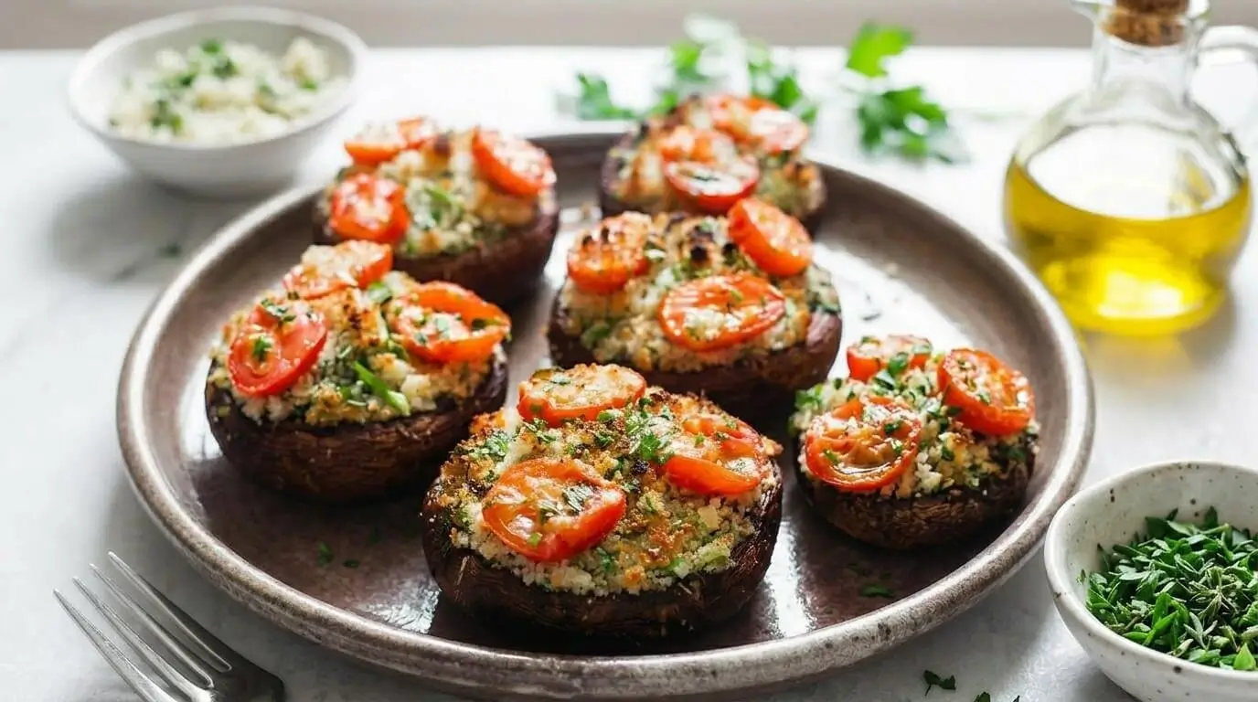 A close-up shot of baked Garlic Herb and Tomato Stuffed Portobello Mushrooms on a rustic serving plate garnished with fresh parsley.
