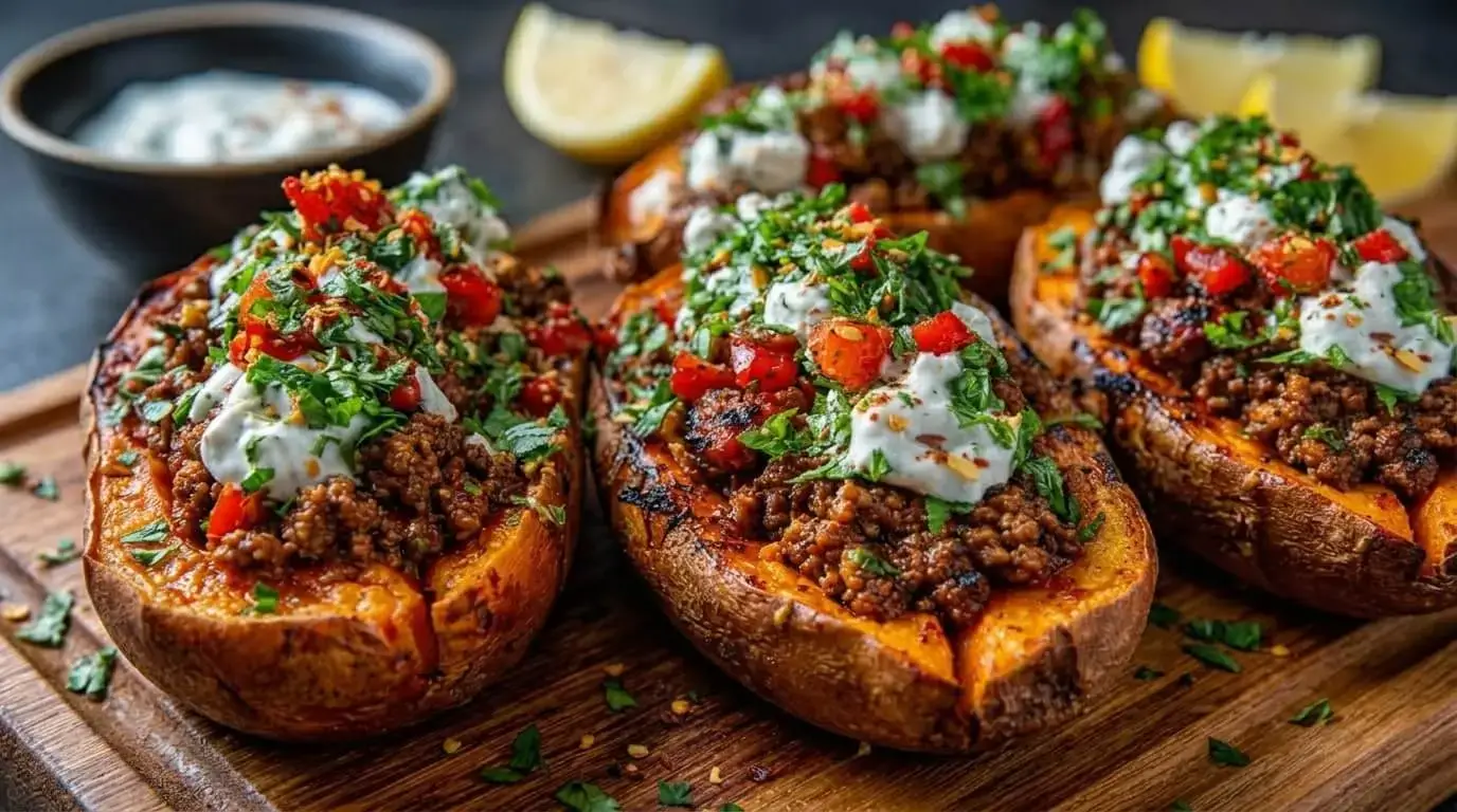 Loaded Mediterranean-Spiced Stuffed Sweet Potato Boats with ground lamb, Greek yogurt sauce, and fresh herbs on a wooden platter.