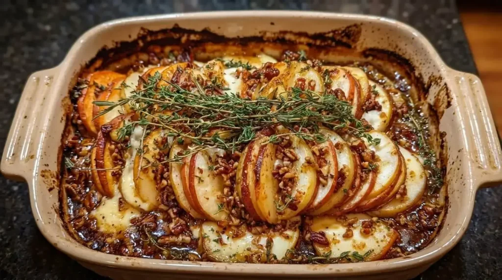 A golden-brown baked Layered Sweet Potato, Apple and Pear Bake topped with melted Brie cheese, toasted maple pecans, and fresh thyme sprigs in a ceramic baking dish.