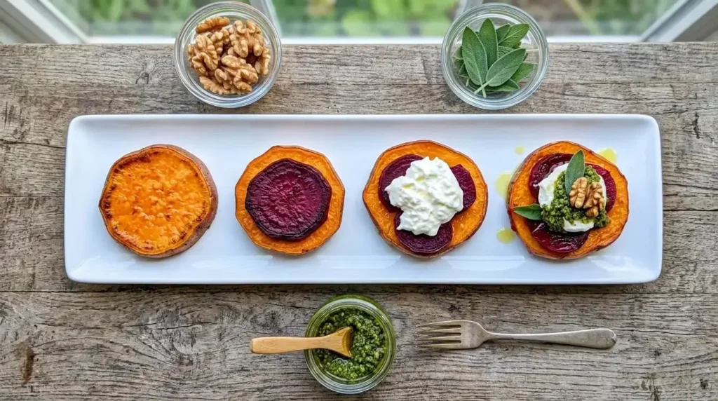 Flat lay step-by-step assembly process of sweet potato rounds topped with beet slices and burrata cheese.
