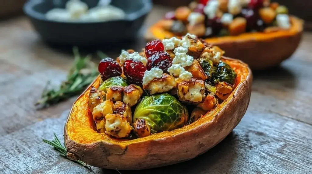 A Mediterranean-style stuffed sweet potato boat filled with caramelized butternut squash cubes, whole roasted Brussels sprouts, dried cranberries, and crumbled goat cheese.