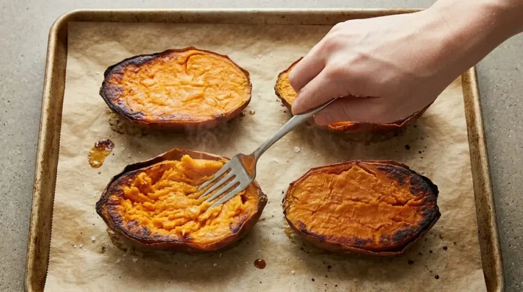 Fluffing the inside of roasted sweet potato halves with a fork to form sweet potato boats.