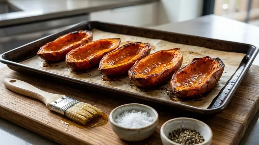 Hollowed-out baked sweet potato skins with crispy golden brown edges fresh out of the oven on a baking sheet.