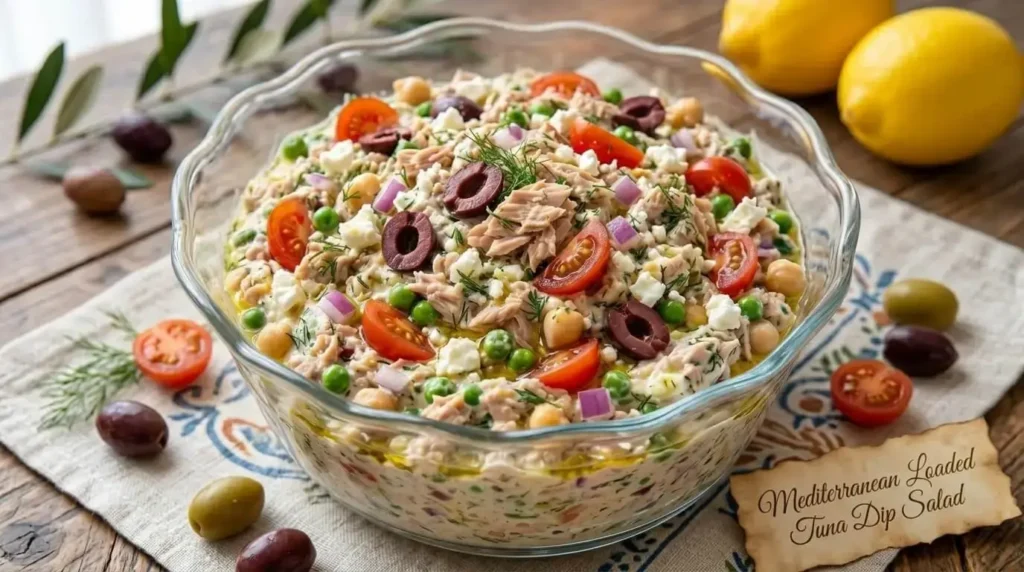A clear glass bowl with a wavy rim filled with creamy Mediterranean Loaded Tuna Dip Salad, featuring tuna, chickpeas, cherry tomatoes, olives, feta, and fresh dill on a wooden table with lemons in the background.