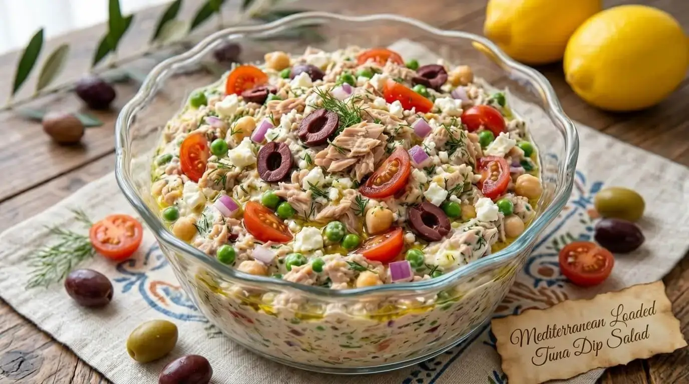 A clear glass bowl with a wavy rim filled with creamy Mediterranean Loaded Tuna Dip Salad, featuring tuna, chickpeas, cherry tomatoes, olives, feta, and fresh dill on a wooden table with lemons in the background.