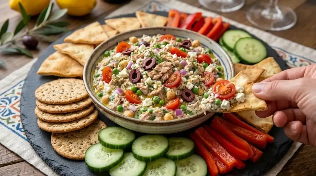 A Mediterranean tuna dip salad served in a bowl on a mezze platter surrounded by pita chips, crackers, and sliced fresh vegetables for dipping.
