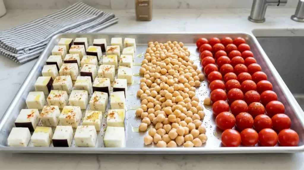 Raw cubed eggplant, whole chickpeas, and cherry tomatoes seasoned with spices and olive oil on a metal baking sheet before roasting.