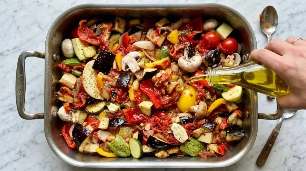 Raw chopped summer vegetables including eggplant, zucchini, and peppers being tossed with olive oil and crushed tomatoes in a metal pan.