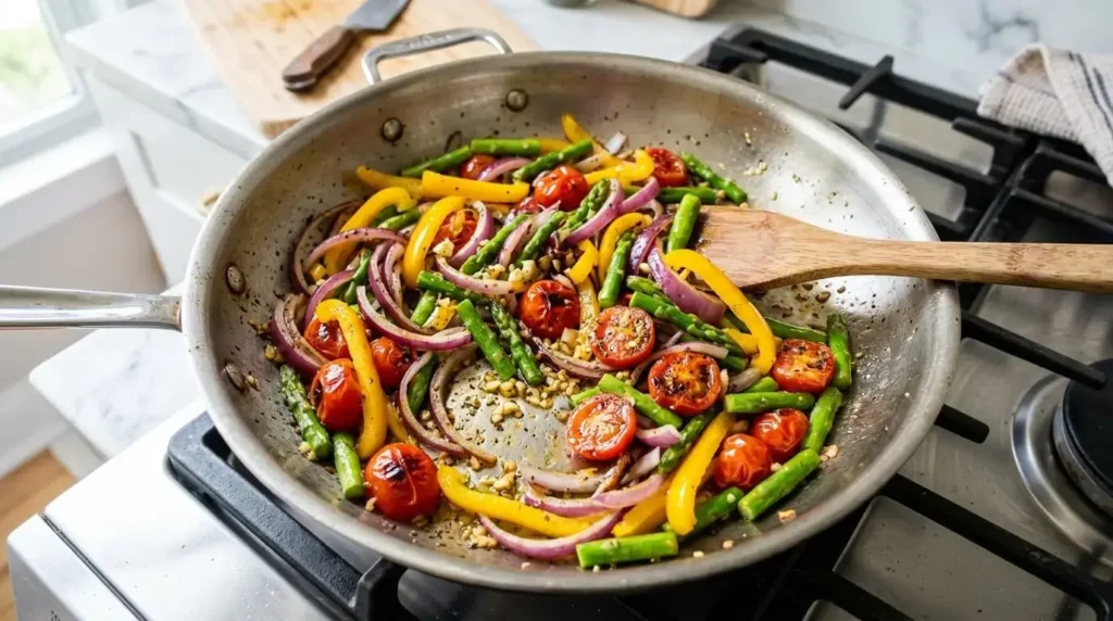 Vibrant mix of red onion, yellow bell pepper, asparagus, and cherry tomatoes sautéing in a pan.