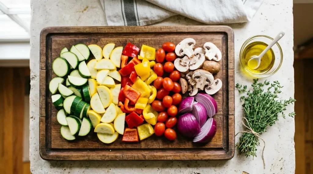 Fresh chopped zucchini, yellow squash, bell peppers, and mushrooms on a wooden cutting board for a skillet recipe.
