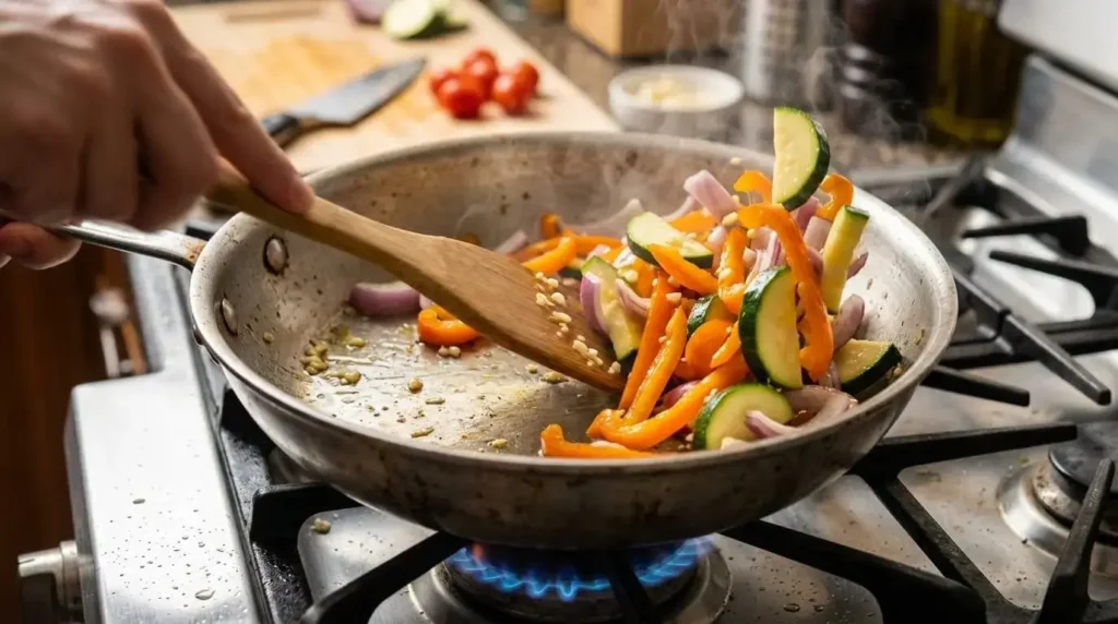 Sautéing sliced zucchini, red onions, and orange bell peppers in a hot skillet with olive oil.