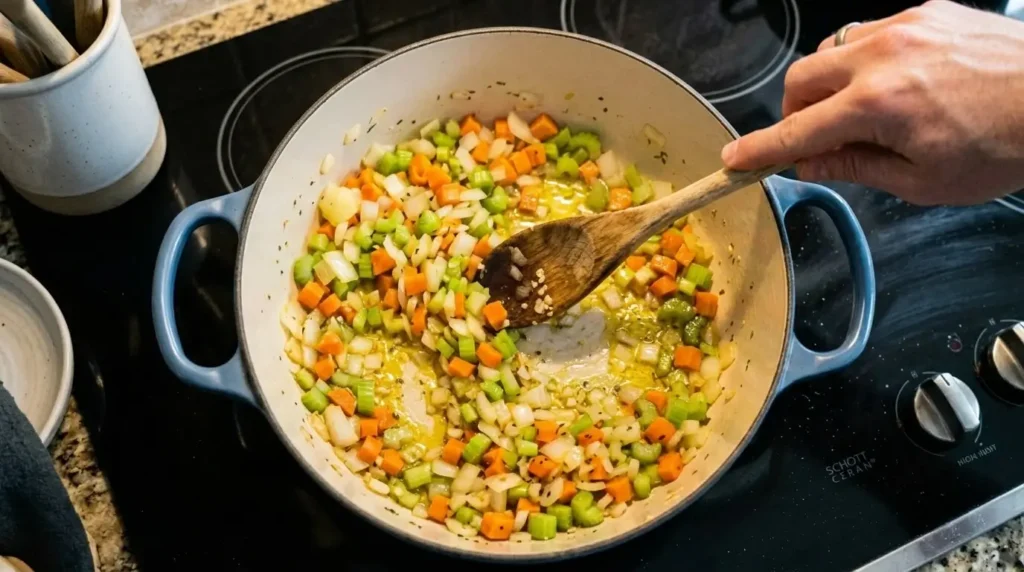 Diced onions, carrots, and celery sautéing in a blue Dutch oven with olive oil for a soup base.
