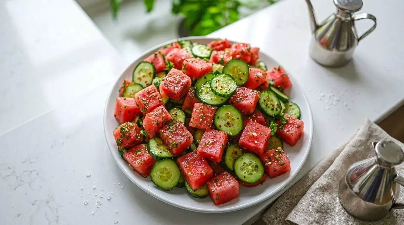 Top-down view of a fresh Watermelon Cucumber Salad with red watermelon cubes, green cucumber slices, and chopped mint on a white plate.