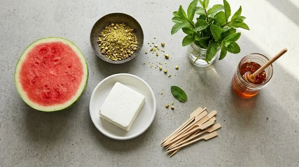 Overhead view of ingredients for hot honey watermelon feta bites including fresh watermelon, block feta cheese, crushed pistachios, mint leaves, and hot honey.